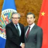 Chinese Foreign Minister Wang Yi, right, meets with Luis Almagro, secretary-general of the OAS
