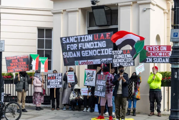 Sudanese Activists demonstrate outside the UAE Embassy