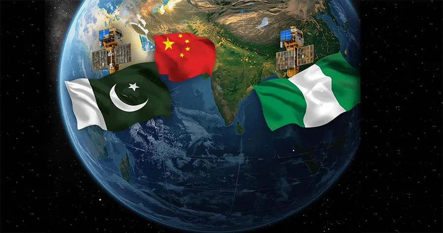 Globe with flags: China, Pakistan, Nigeria