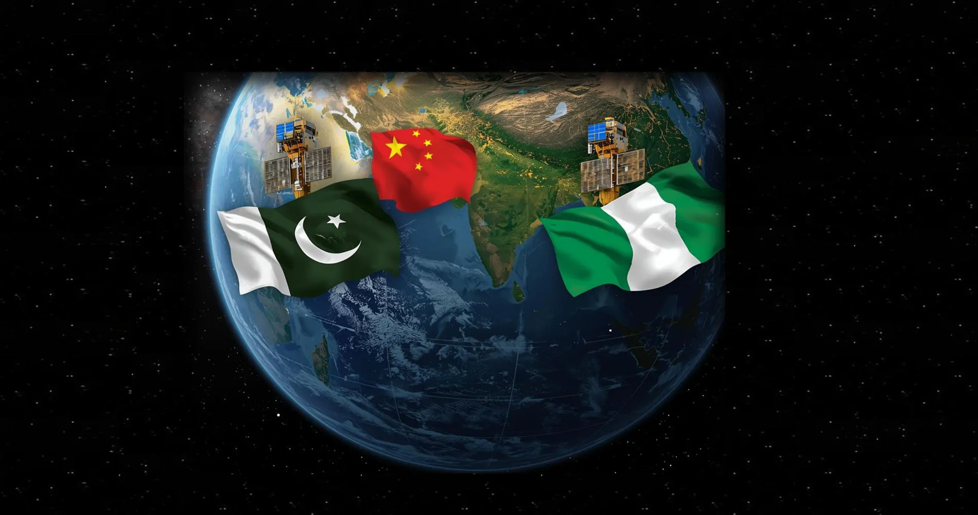 Globe with flags: China, Pakistan, Nigeria