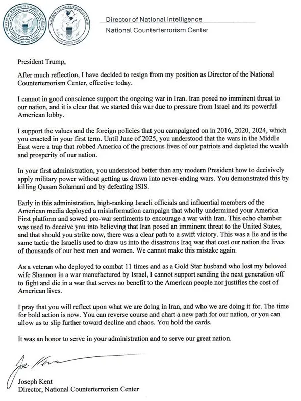 Resignation Joe Kent on X